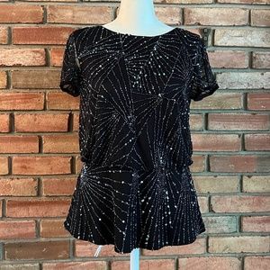Adrianna Papell Black Sequined Jewel Neck EveningTop with Peplum in Size 4